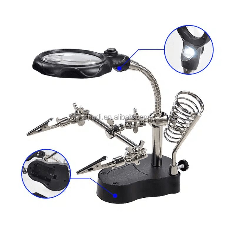 Magnifier With LED & Alligators Holders & Solder Iron Stand (TE-801) Magnifier With LED & Alligators Holders & Solder Iron Stand (TE-801)